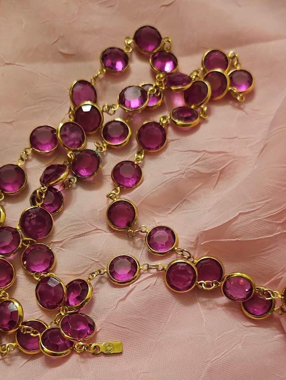 Swarovski Gold Plate Vtg Necklace with Purple/Pink Crystal Bezel Stations Style